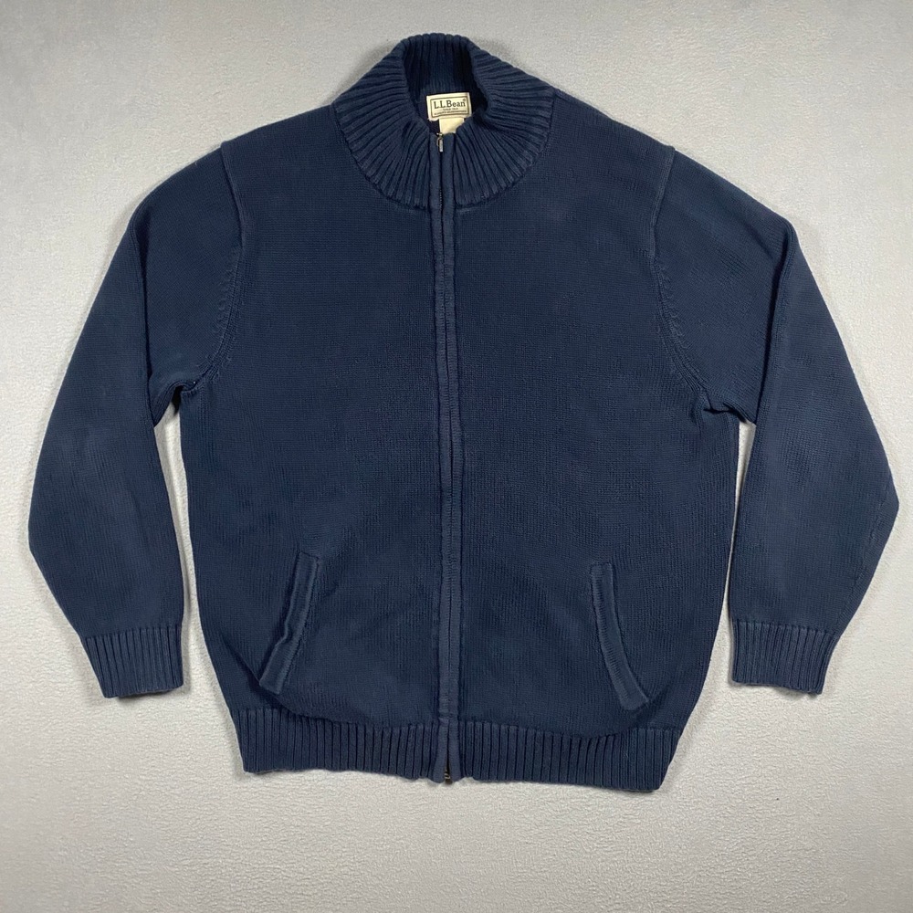 Vintage LL Bean Cardigan Sweater Mens Large Blue Full Zip Cotton Mock Neck 0HJS6